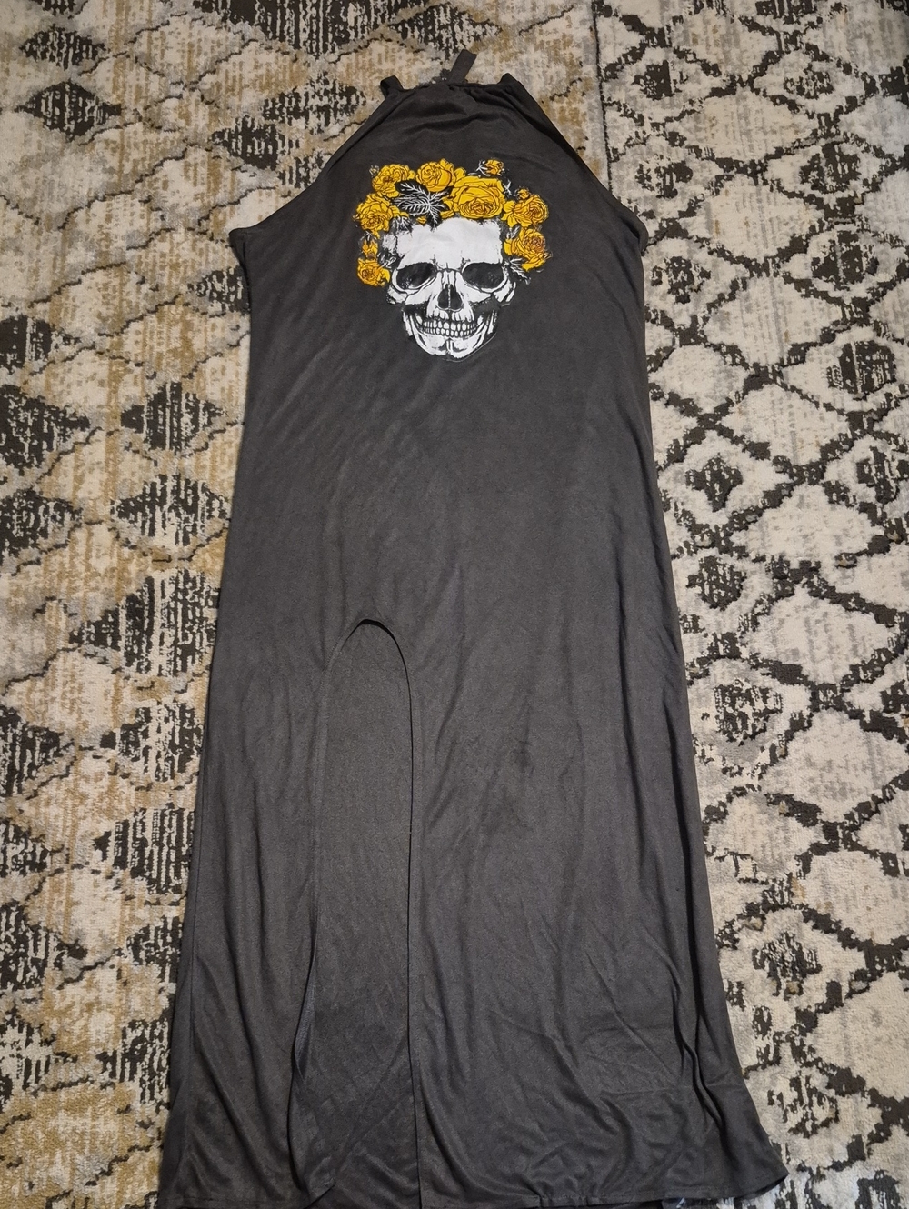 MISSLOOK Dark Gray Maxi Dress with Yellow Floral Skull Graphic